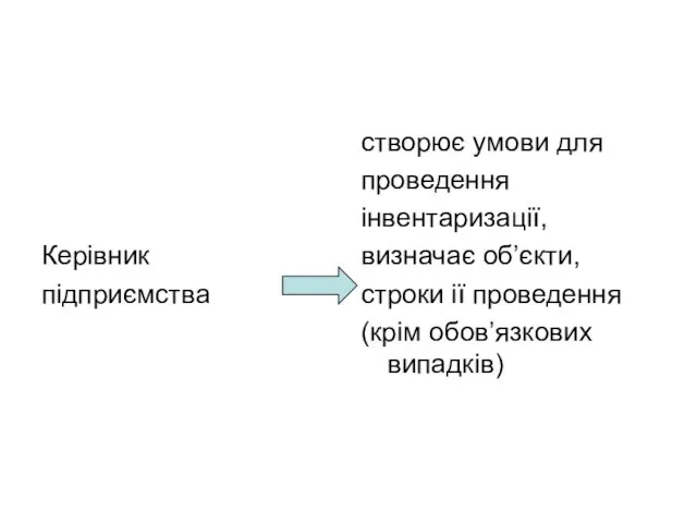 Керівник підприємства створює умови для проведення інвентаризації, визначає об’єкти, строки ії проведення (крім обов’язкових випадків)