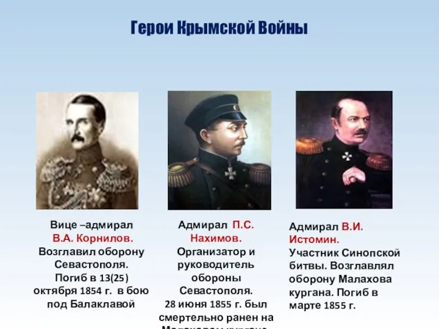 Герои Крымской Войны Вице –адмирал В.А. Корнилов. Возглавил оборону Севастополя. Погиб в 13(25)