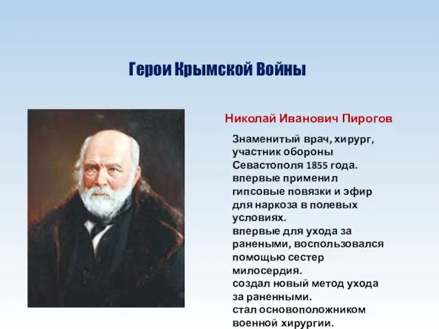 Герои Крымской Войны Знаменитый врач, хирург, участник обороны Севастополя 1855 года. впервые применил