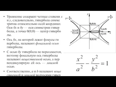 Урав­не­ние со­де­ржит чет­ные сте­пе­ни х и y, сле­до­ва­те­ль­но, ги­пер­бо­ла сим­ме­трич­на