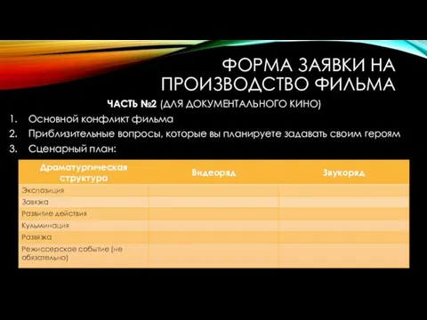 ЧАСТЬ №2 (ДЛЯ ДОКУМЕНТАЛЬНОГО КИНО) Основной конфликт фильма Приблизительные вопросы,