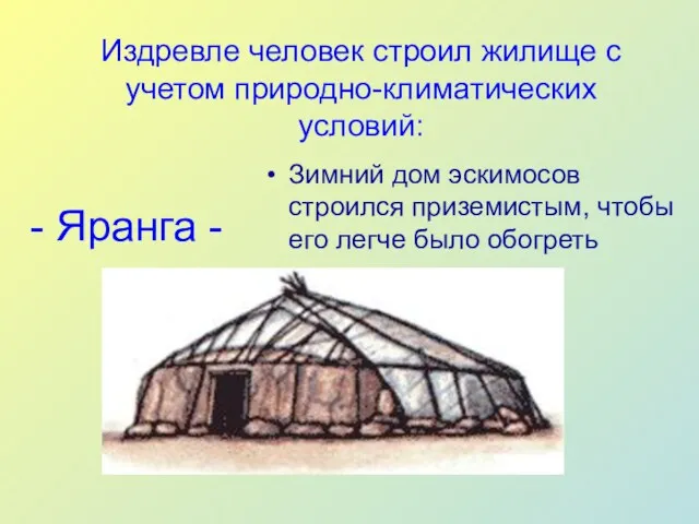 - Яранга - Зимний дом эскимосов строился приземистым, чтобы его