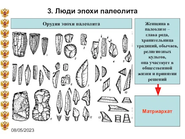 08/05/2023 3. Люди эпохи палеолита Орудия эпохи палеолита Женщина в