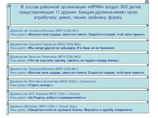 В состав районной организации «ИРАФ» входит 900 детей, представляющих 11 дружин. Каждая дружина