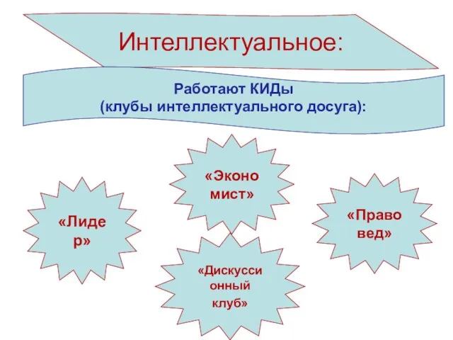 Интеллектуальное: Работают КИДы (клубы интеллектуального досуга): «Лидер» «Экономист» «Дискуссионный клуб» «Правовед»