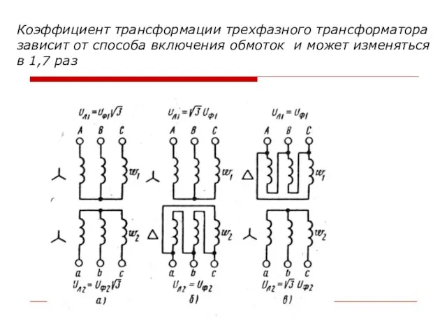 Коэффициент трансформации трехфазного трансформатора зависит от способа включения обмоток и может изменяться в 1,7 раз