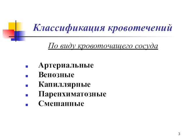 Классификация кровотечений По виду кровоточащего сосуда Артериальные Венозные Капиллярные Паренхиматозные Смешанные