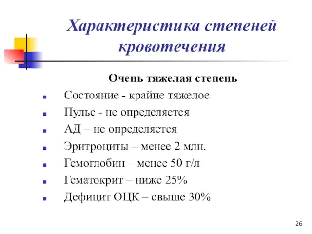 Характеристика степеней кровотечения Очень тяжелая степень Состояние - крайне тяжелое