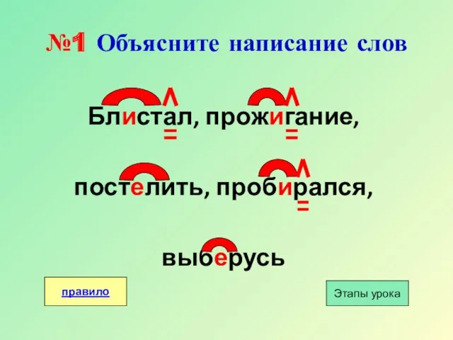 №1 Объясните написание слов Блистал, прожигание, постелить, пробирался, выберусь Этапы урока правило