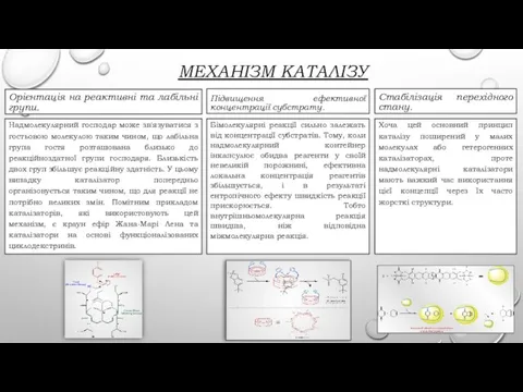 МЕХАНІЗМ КАТАЛІЗУ Орієнтація на реактивні та лабільні групи. Надмолекулярний господар