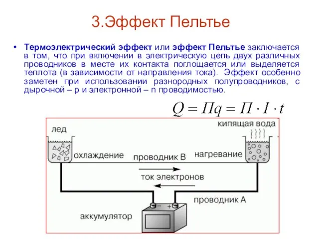 3.Эффект Пельтье Термоэлектрический эффект или эффект Пельтье заключается в том,