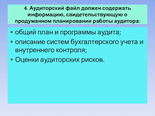 4. Аудиторский файл должен содержать информацию, свидетельствующую о продуманном планировании