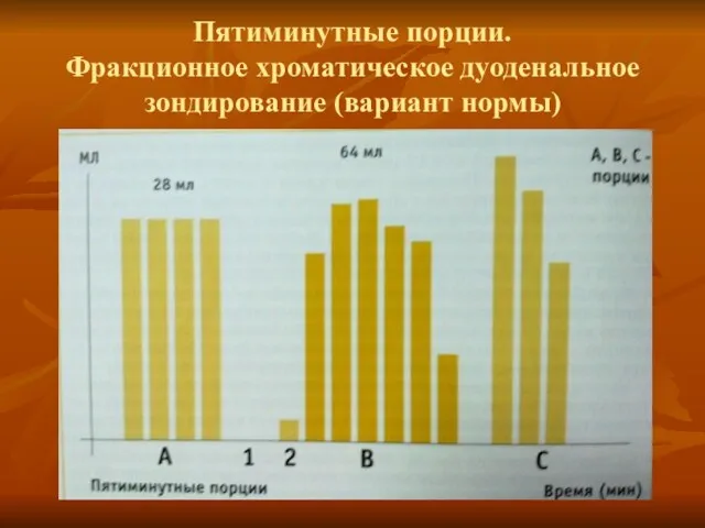 Пятиминутные порции. Фракционное хроматическое дуоденальное зондирование (вариант нормы)