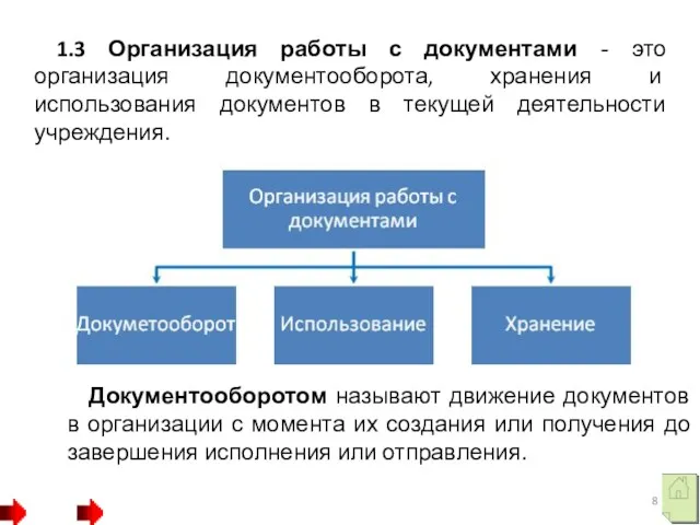 1.3 Организация работы с документами - это организация документооборота, хранения