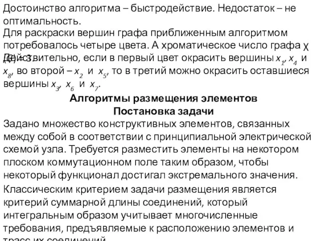 Достоинство алгоритма – быстродействие. Недостаток – не оптимальность. Для раскраски