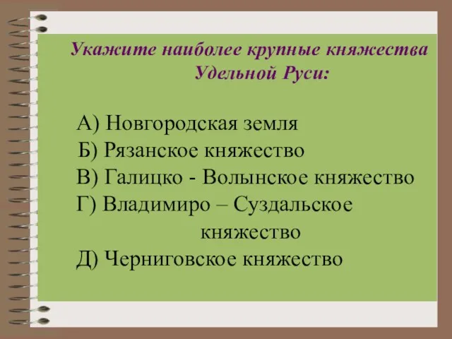 Укажите наиболее крупные княжества Удельной Руси: А) Новгородская земля Б) Рязанское княжество В)