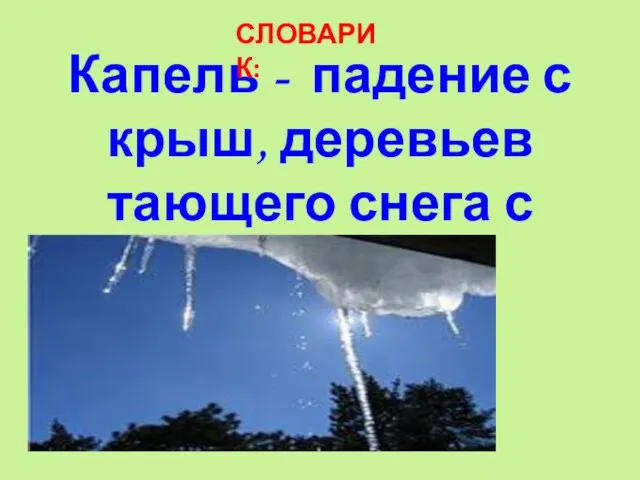 Капель - падение с крыш, деревьев тающего снега с каплями. СЛОВАРИК: