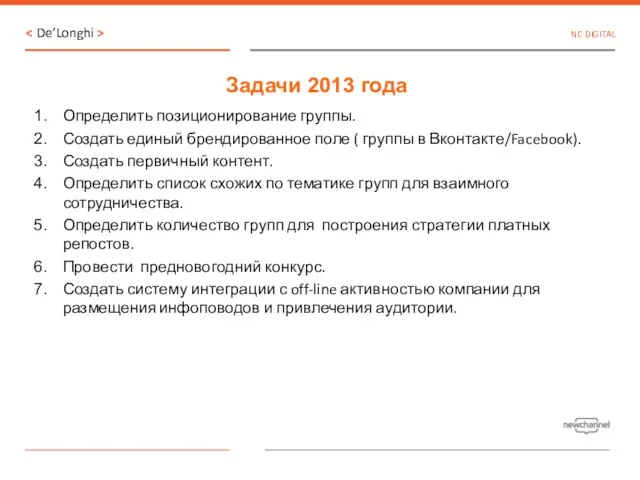 Задачи 2013 года Определить позиционирование группы. Создать единый брендированное поле ( группы в