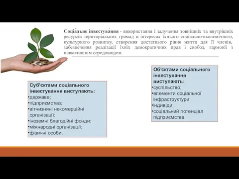 Соціа́льне інвестува́ння - використання і залучення зовнішніх та внутрішніх ресурсів