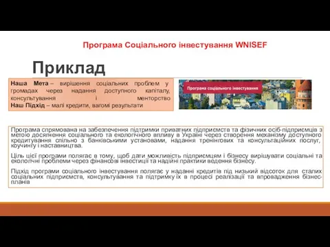 Приклад Програма спрямована на забезпечення підтримки приватних підприємств та фізичних