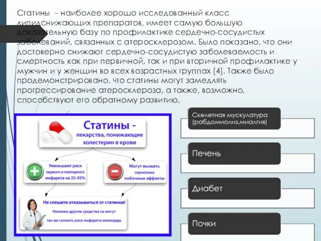 Статины – наиболее хорошо исследованный класс липидснижающих препаратов, имеет самую