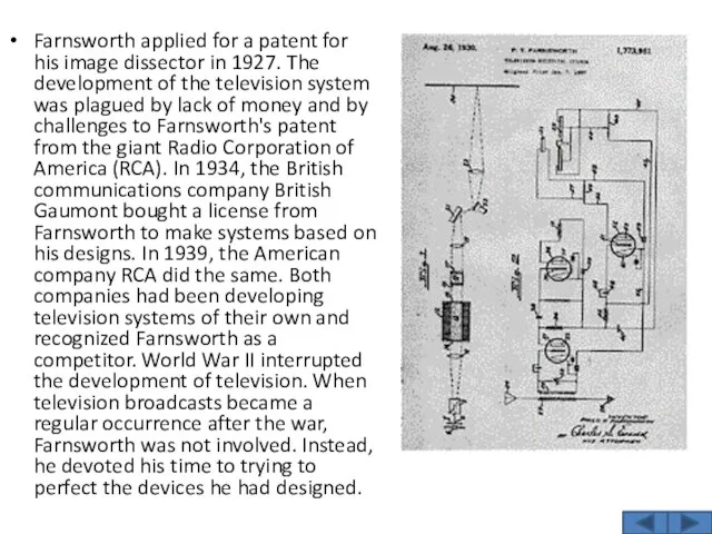 Farnsworth applied for a patent for his image dissector in
