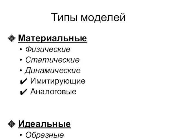 Типы моделей Материальные Физические Статические Динамические Имитирующие Аналоговые Идеальные Образные Мысленные Знаковые Математические Графические