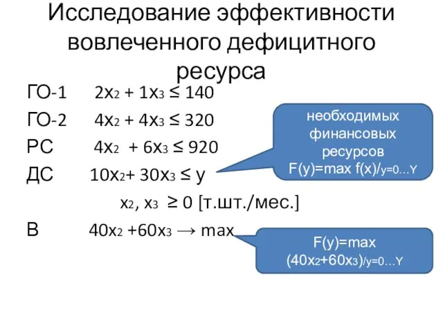 Исследование эффективности вовлеченного дефицитного ресурса ГО-1 2х2 + 1х3 ≤