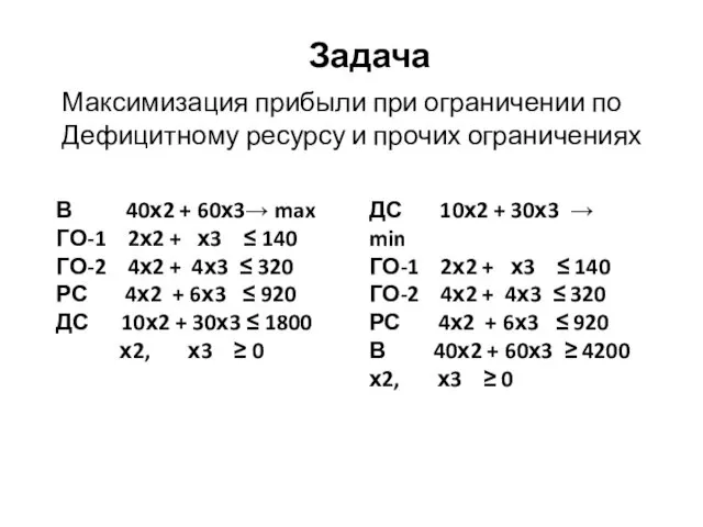 Задача В 40х2 + 60х3→ max ГО-1 2х2 + х3