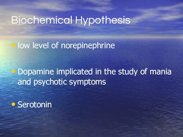 Biochemical Hypothesis low level of norepinephrine Dopamine implicated in the