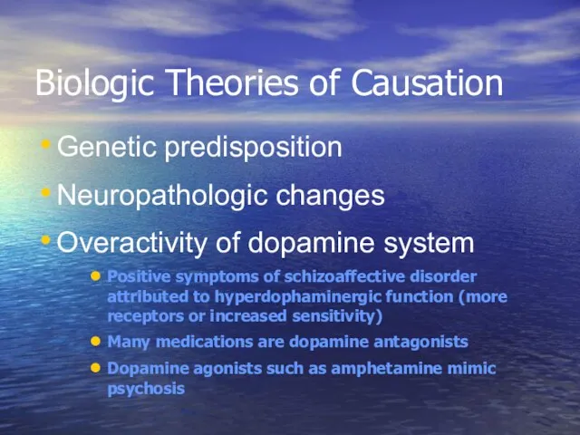 Biologic Theories of Causation Genetic predisposition Neuropathologic changes Overactivity of
