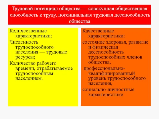 Трудовой потенциал общества — совокупная общественная способность к труду, потенциальная