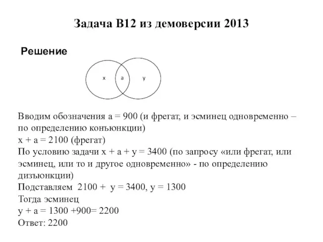 Задача B12 из демоверсии 2013 Решение Вводим обозначения a =