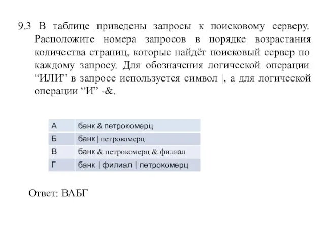 9.3 В таблице приведены запросы к поисковому серверу. Расположите номера