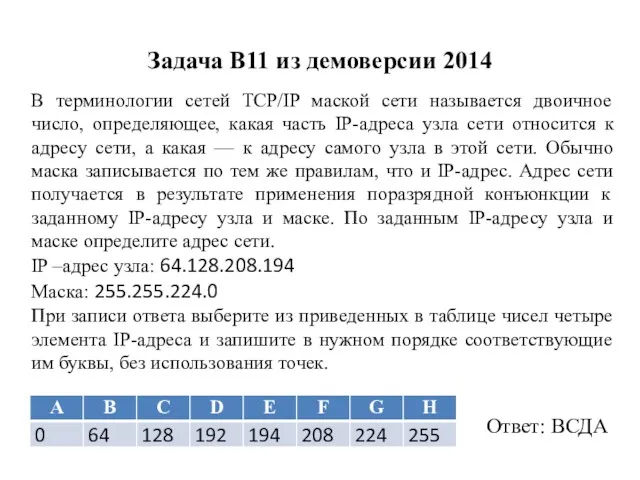 Задача B11 из демоверсии 2014 В терминологии сетей TCP/IP маской