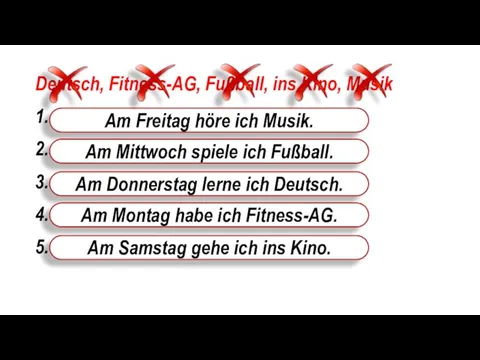 Deutsch, Fitness-AG, Fußball, ins Kino, Musik 1. Am (пятница) höre