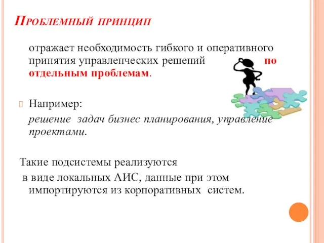 Проблемный принцип отражает необходимость гибкого и оперативного принятия управленческих решений