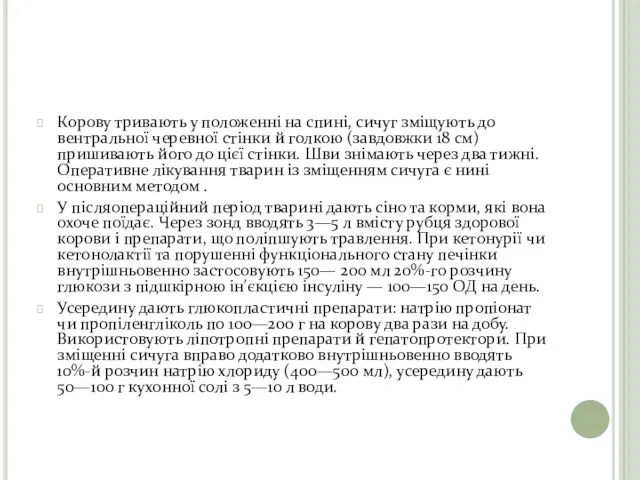 Корову тривають у положенні на спині, сичуг зміщують до вентральної