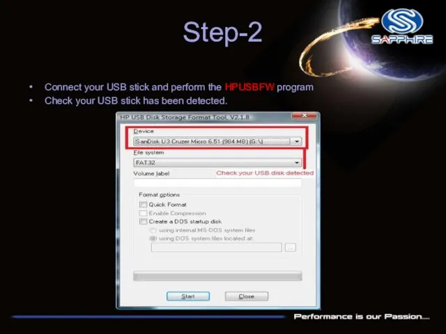 Step-2 Connect your USB stick and perform the HPUSBFW program