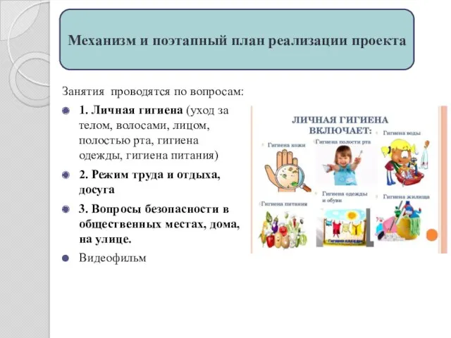 Механизм и поэтапный план реализации проекта Занятия проводятся по вопросам: