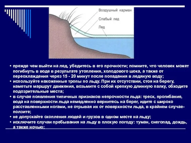 \ прежде чем выйти на лед, убедитесь в его прочности;