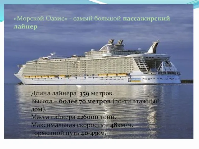 «Морской Оазис» - самый большой пассажирский лайнер Длина лайнера 359