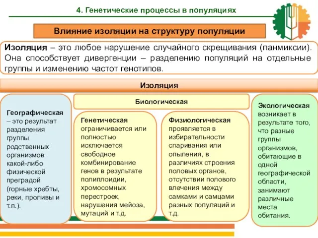 4. Генетические процессы в популяциях Изоляция – это любое нарушение