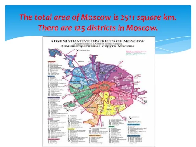 The total area of Moscow is 2511 square km. There are 125 districts in Moscow.