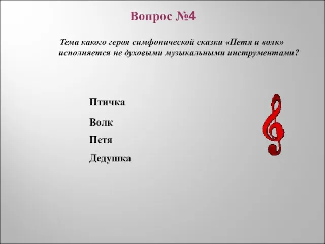 Волк Петя Птичка Дедушка Вопрос №4 Тема какого героя симфонической