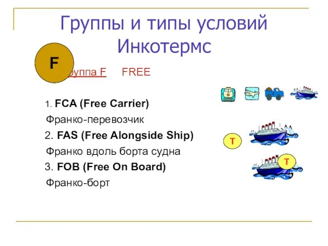 Группы и типы условий Инкотермс Группа F FREE 1. FCA (Free Carrier) Франко-перевозчик