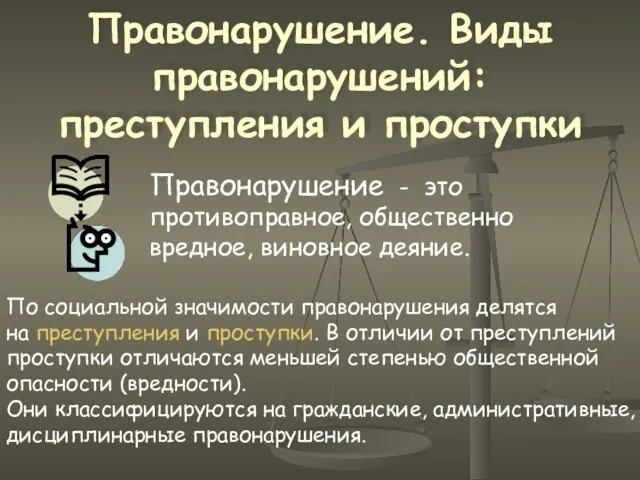 Правонарушение. Виды правонарушений: преступления и проступки Правонарушение - это противоправное,