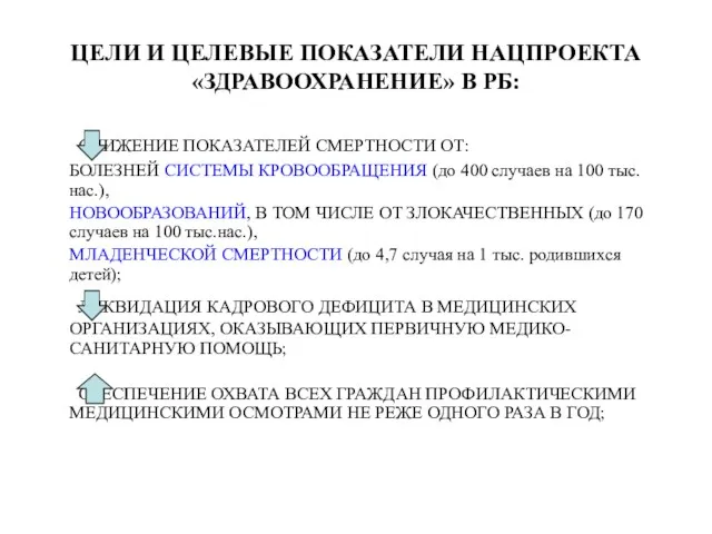 ЦЕЛИ И ЦЕЛЕВЫЕ ПОКАЗАТЕЛИ НАЦПРОЕКТА «ЗДРАВООХРАНЕНИЕ» В РБ: СНИЖЕНИЕ ПОКАЗАТЕЛЕЙ