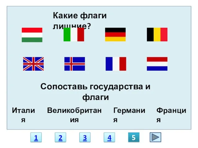 1 2 3 4 5 Какие флаги лишние? Сопоставь государства и флаги Италия Великобритания Германия Франция