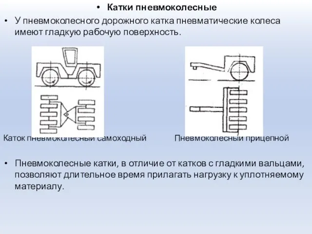 Катки пневмоколесные У пневмоколесного дорожного катка пневматические колеса имеют гладкую